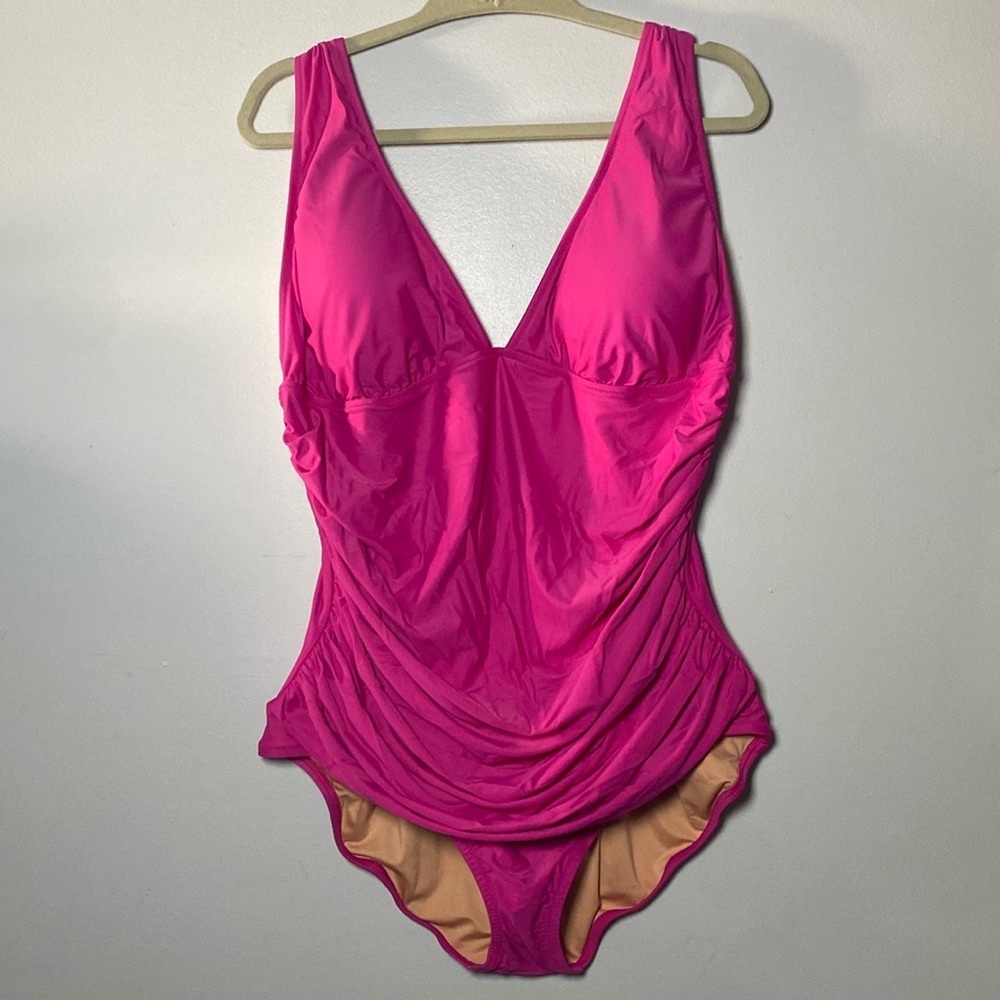 J Crew Ruched V-neck One-piece NWT Women’s 20 Fuschia Pink Beach Swimsuit BC116 - Picture 3 of 12